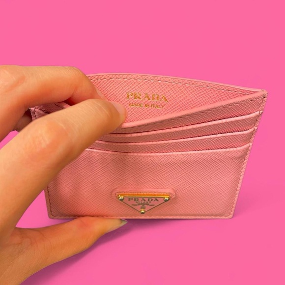prada triangle logo leather card holder wallet in “petal pink” gold hardware! - Picture 2 of 8